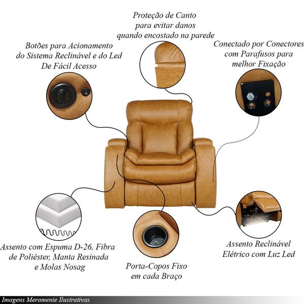 Imagem de Poltrona do Papai Reclinável Sala de Cinema Yellowstone Elétrica Porta-Copos LED Couro Caramelo G86 - Gran Belo