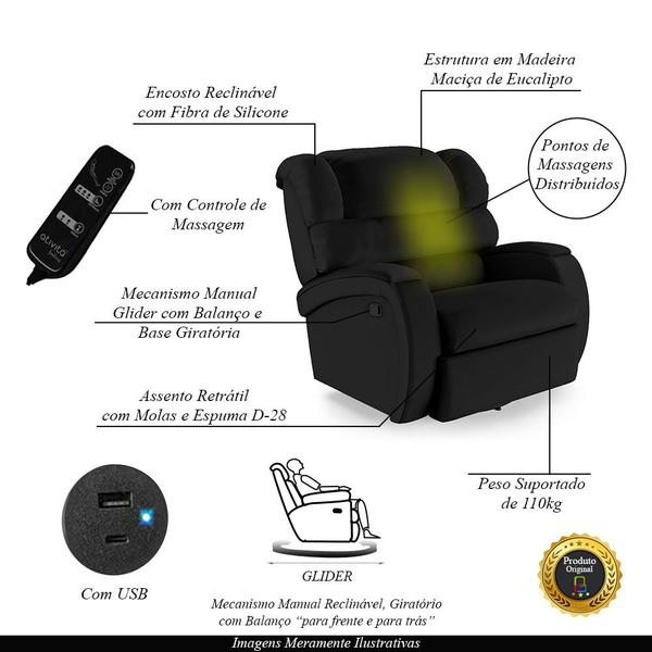 Imagem de Poltrona do Papai Sala de Cinema Reclinável Kylie Glider Manual Giratória Massagem USB PU Preto G23