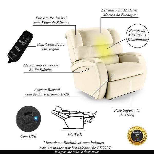 Imagem de Poltrona do Papai Sala de Cinema Reclinável Kylie Power Touch Massagem USB PU Bege G23