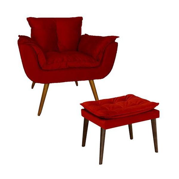 Imagem de Poltrona E Puff Opala Pés Palito Suede Vermelho - DL DECOR