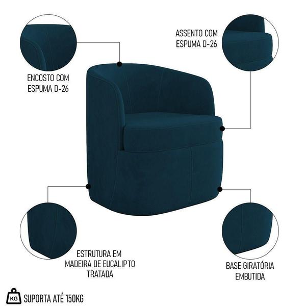 Imagem de Poltrona Giratória Decorativa Para Sala Dandara K04 Veludo Azul - Mpozenato