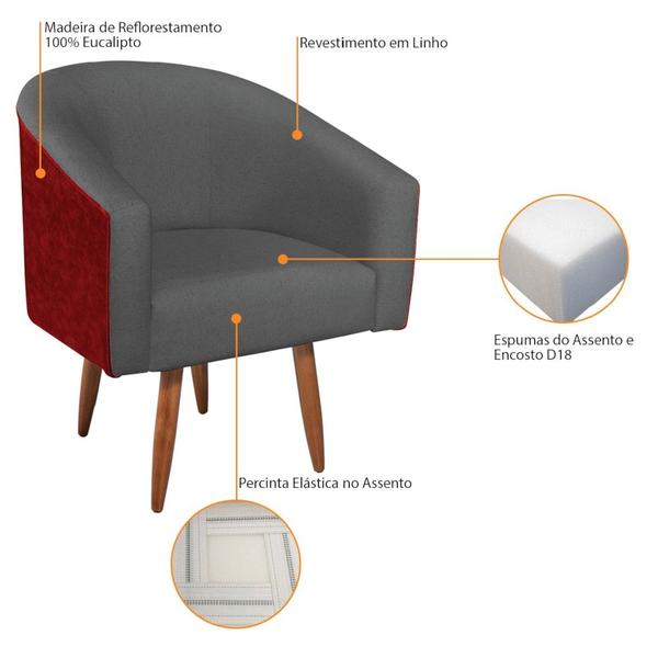 Imagem de Poltrona Luiza Pés Palito Factor Vermelho e Linho Cinza Escuro - Amarena Móveis