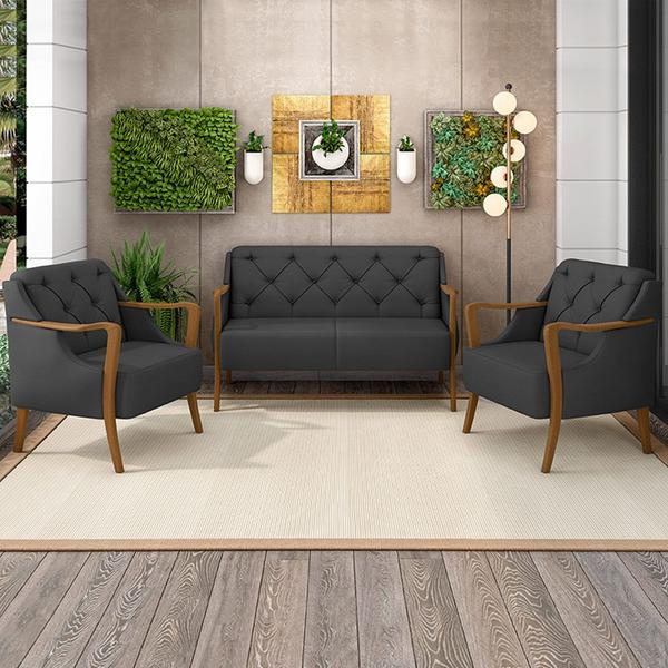 Imagem de Poltrona Namoradeira Decorativa 2 Lugares Braços em Madeira Hand PU Preto G45 - Gran Belo