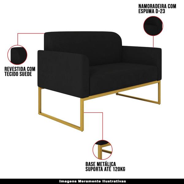 Imagem de Poltrona Namoradeira Decorativa Isabella Base Industrial Suede Preto/Dourado G19 - Gran Belo