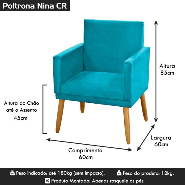 Imagem de Poltrona Nina Decorativa Sala De Estar Suede Azul Turquesa