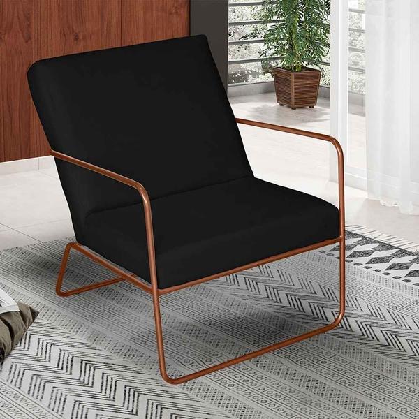 Imagem de Poltrona para Descanso Iza Base de Ferro Bronze Jardim Varanda Suede Preto - Móveis Mafer