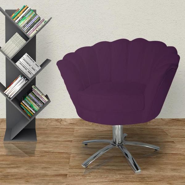 Imagem de Poltrona Para Sala de Estar Com Base Giratória de Metal Pétala Veludo Roxo - LM DECOR