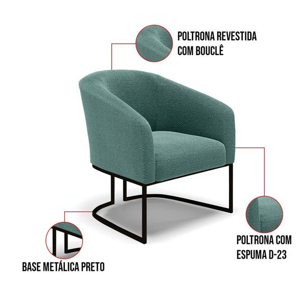 Imagem de Poltrona Para Sala Industrial Preto Kit 2 Stella Bouclê Verde Ment D03 - D'Rossi