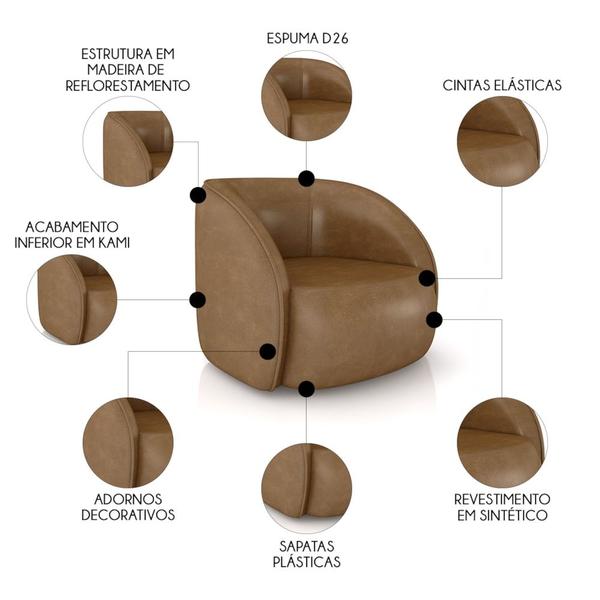 Imagem de Poltrona para Sala Orgânica 90cm Zion M22 Sintético Caramelo - Mpozenato