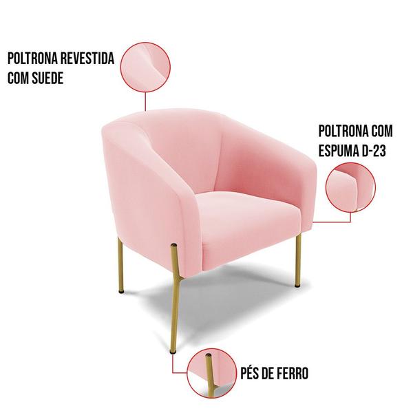 Imagem de Poltrona Pé de Ferro Dourado Kit 2 Stella Suede D03 - D'Rossi