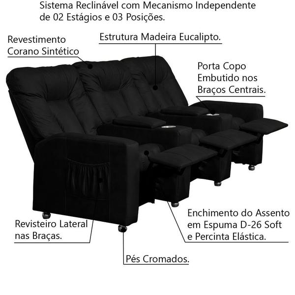 Imagem de Poltrona Reclinável 3 lugares para Sala de Cinema Pequim Corano Preto - Gran Belo