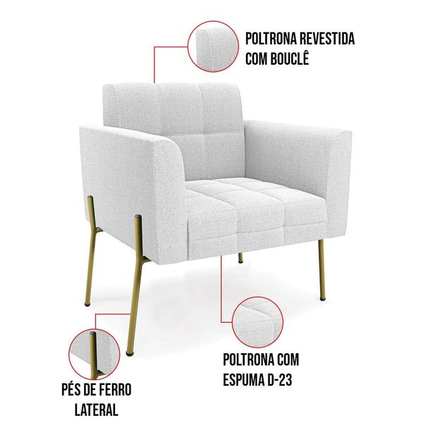 Imagem de Poltrona Sala Estar Pé Ferro Dourado Kit 2 Elisa Bouclê Off White D03 - D'Rossi