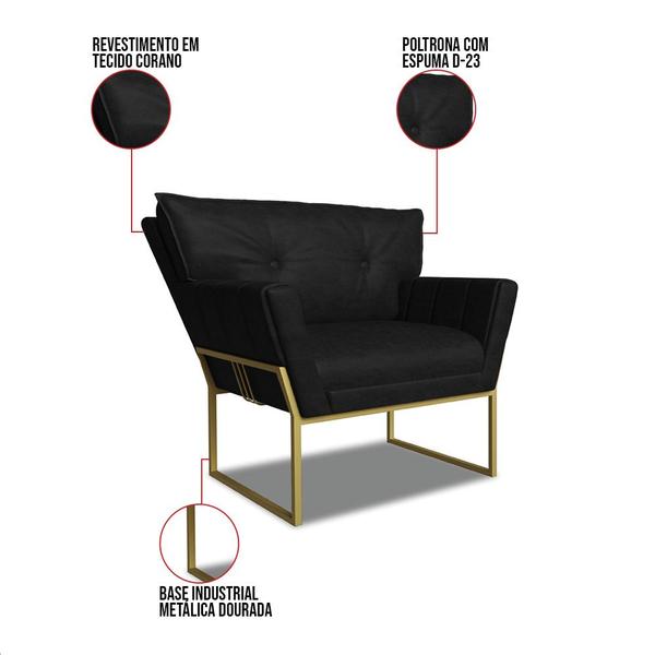 Imagem de Poltrona Sala Industrial Dourado Kit 2 Anitta Sintético PU Preto D03 - D'Rossi