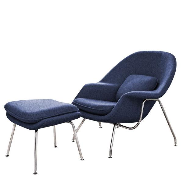 Imagem de Poltrona Womb Chair com Puff Cromada Linho Azul