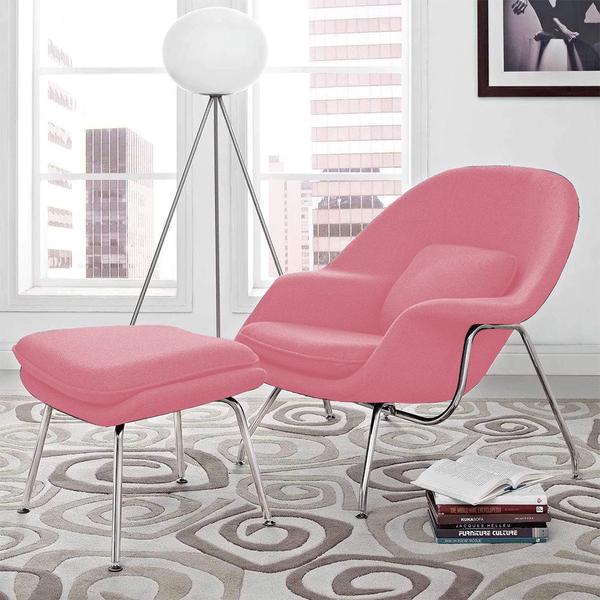 Imagem de Poltrona Womb Chair com Puff Cromada Linho Rosa