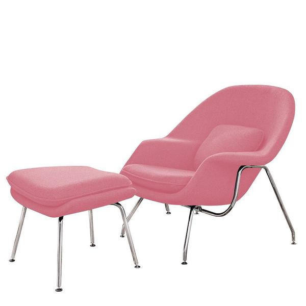 Imagem de Poltrona Womb Chair com Puff Cromada Linho Rosa