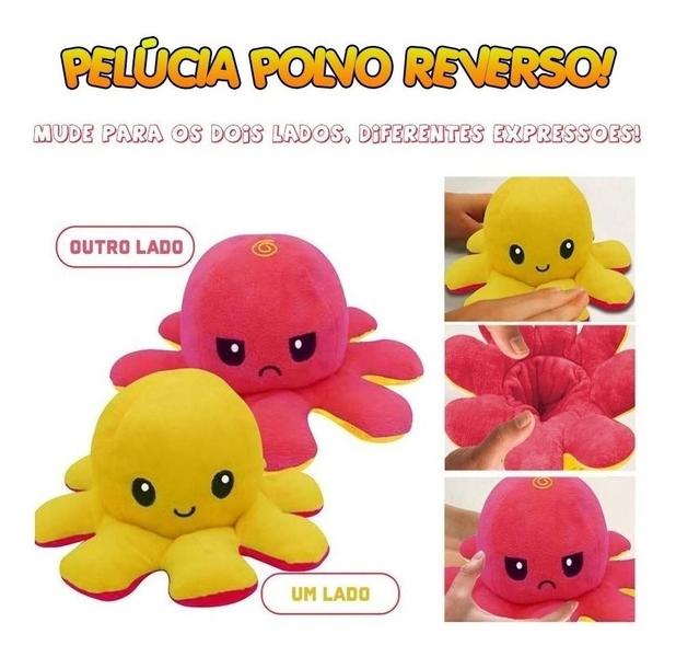 Imagem de Polvo Tiktok Polvinho Bravo Feliz Reversível Pelúcia 10cm