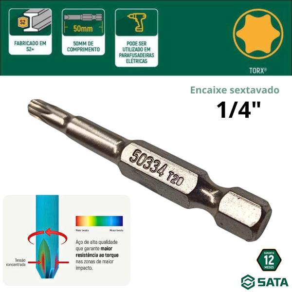 Imagem de Ponta Bits TORX 1/4 T20 50mm em Aço S2 ST59334 SATA 05 Unid