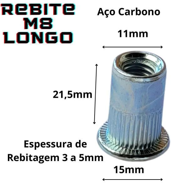 Imagem de Porca Rebite M8 Com Rosca Aba Plana Longo Arrebite 50 Peças