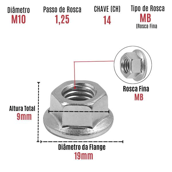 Imagem de Porca Sext. Flangeada M10 CH14 Rosca Fina Coroa Moto 10 Un