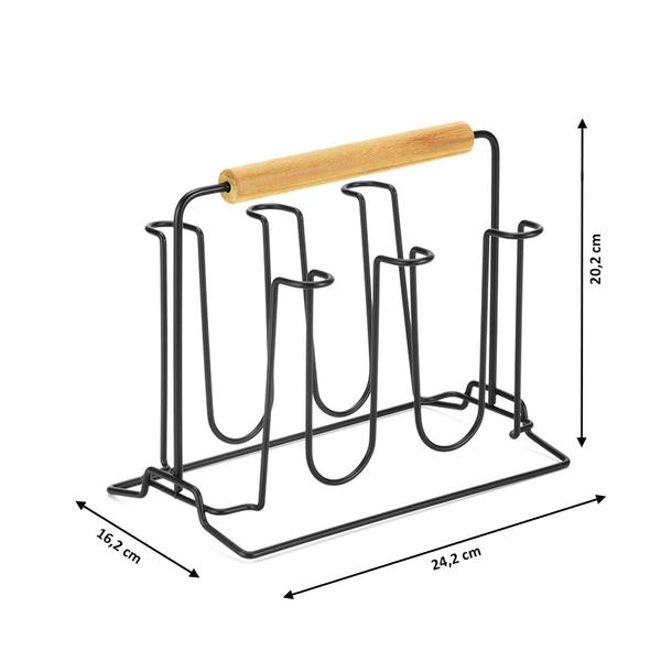 Imagem de Porta 6 Copos Escorredor Suporte C/ Alça Bambu Metal Preto