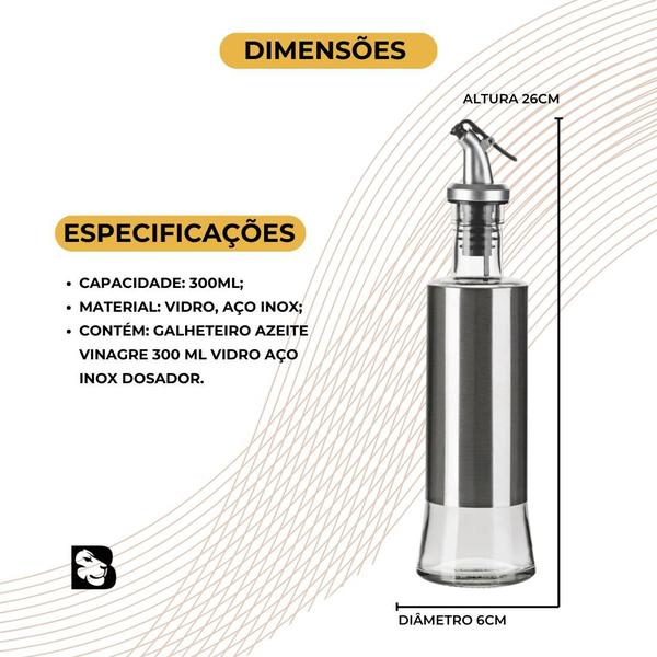 Imagem de Porta Azeite e Vinagre Com Dosador Galheteiro Compartimento para Vinagre 300ml de Aço Inox e Vidro