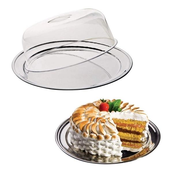 Imagem de Porta Bolo Manjar Torta Pudim Boleira Suporte Para Bolo E Torta De Inox Com Tampa Acrilíca