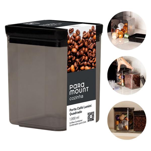 Imagem de Porta Café Cápsula Lumini Black 1000ml Fumê Transparente Empilhável Pote Hermético - Paramount