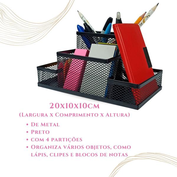 Imagem de Porta Caneta Lápis Treco Kit Organizador de Mesa Escritório Preto com 4 Partições