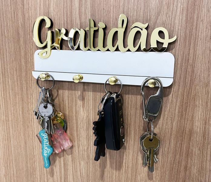 Imagem de Porta Chaves Chaveiro Gratidão em MDF e Acrílico espelhado - Branco e Dourado