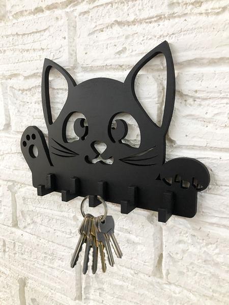 Imagem de Porta Chaves Pet  Gatinho Gato 5 Ganchos MDF Preto