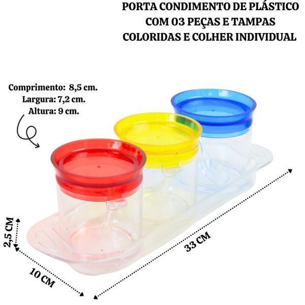 Imagem de Porta condimento de plástico com 3 peças com tampas coloridas e colher