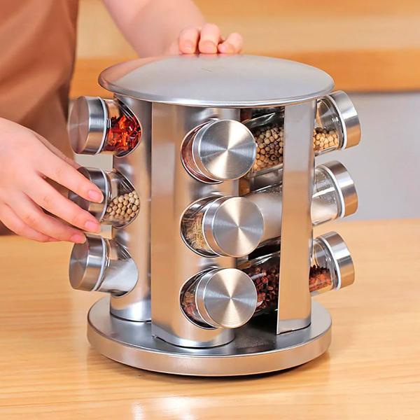 Porta Condimento Giratório Vidro Tampa Inox Ideal Para Temperos Cozinha - HIGA Imagem de Porta Condimento Giratório Vidro Tampa Inox Ideal Para Temperos Cozinha