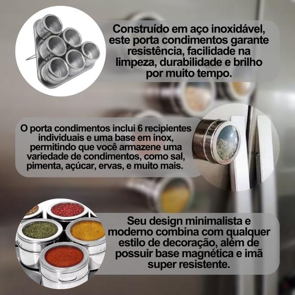 Imagem de Porta Condimentos 6 Potes Organizador Magnético Cozinha Inox Com Suporte