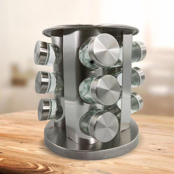 Imagem de Porta Condimentos e Temperos Giratório com 12 Potes em Aço Inox e Vidro