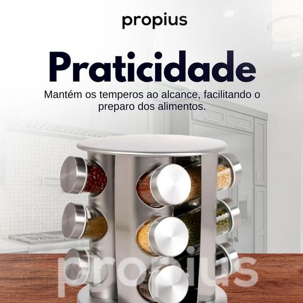 Imagem de Porta Condimentos Temperos Giratorio Com 12 Potes Organizador Para Cozinha Cromado Saleiro Pimenteiro Ingredientes