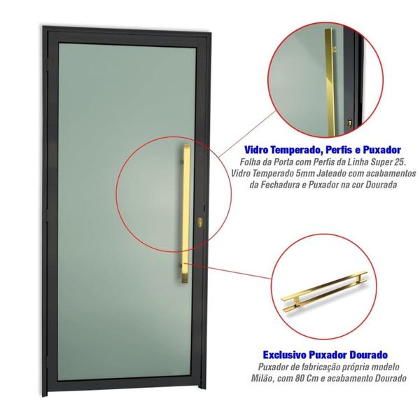 Imagem de Porta de Aluminio 210x100cm com Puxador Super Murano Brimak Preto Dourado