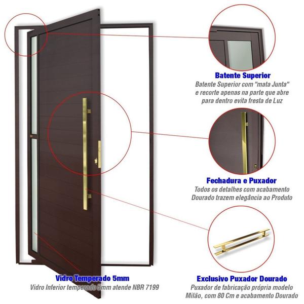 Imagem de Porta de Aluminio Pivotante Lambril 210x120cm com Puxador Super Visione Brimak Marrom Corten Dourado