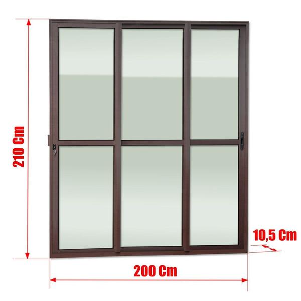 Imagem de Porta de Correr 3 Folhas Moveis Sequenciais 210 X 200 Elite com Fechadura Tetra Vidro Liso