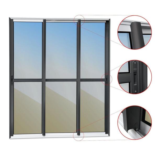 Porta de Correr 3 Folhas Moveis Sequenciais 210 X 240 Elite com Fecho Automático Vidro Reflex - Brimak Imagem de Porta de Correr 3 Folhas Moveis Sequenciais 210 X 240 Elite com Fecho Automático Vidro Reflex