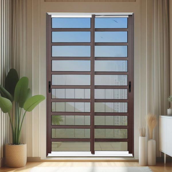 Imagem de Porta de Correr com Travessas 2 Folhas Moveis 210 X 120 Elite com Fecho Automático Vidro Reflex Mix Corten