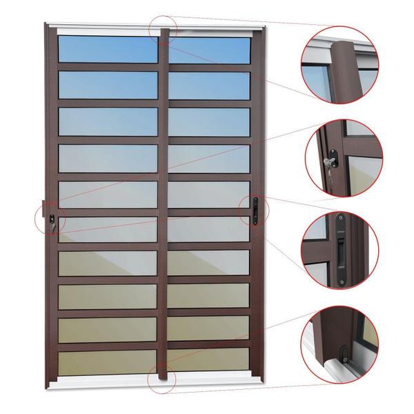 Imagem de Porta de Correr com Travessas 2 Folhas Moveis 210 X 150 Elite com Fechadura Tetra Vidro Reflex Mix Corten