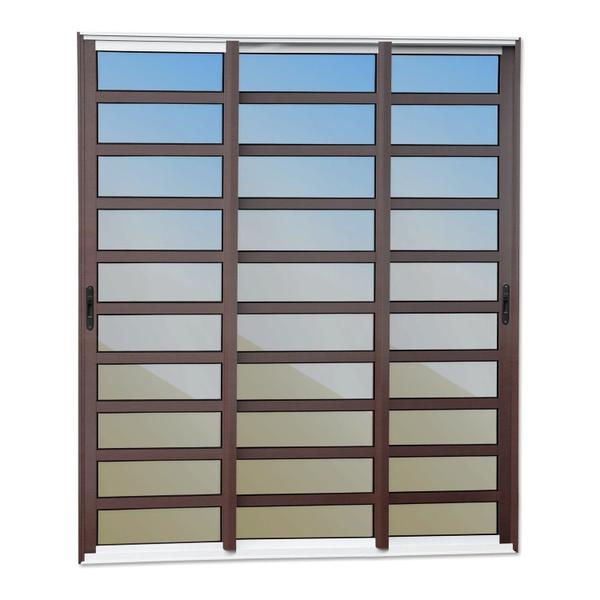 Imagem de Porta de Correr com Travessas 3 Folhas Moveis Sequenciais 210 X 120 Elite com Fecho Automático Vidro Mix Corten