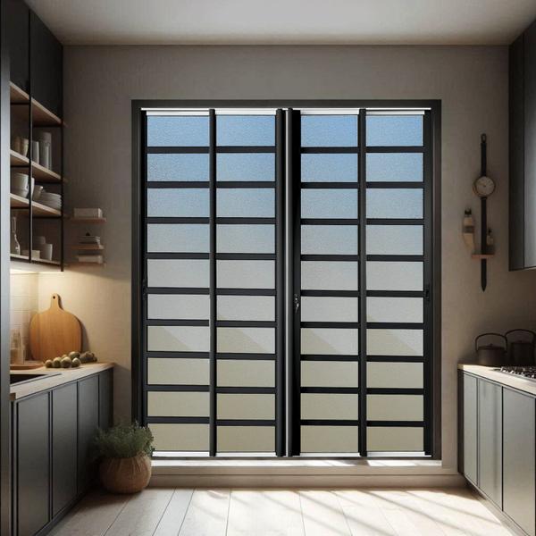 Porta de Correr com Travessas 4 Folhas Moveis 210 X 240 Elite com Fechadura Tetra Vidro Reflex - Brimak Imagem de Porta de Correr com Travessas 4 Folhas Moveis 210 X 240 Elite com Fechadura Tetra Vidro Reflex