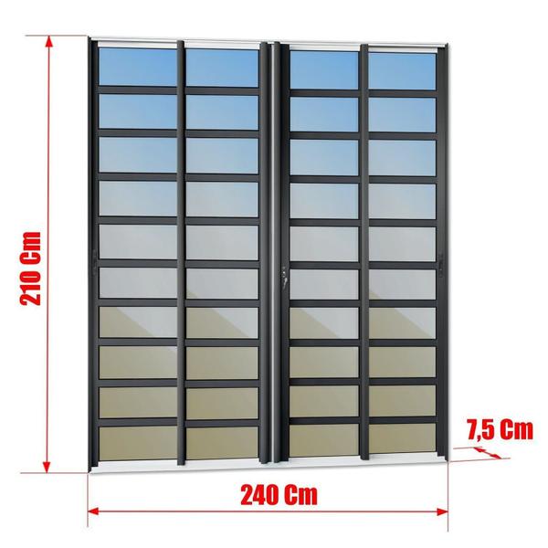 Porta de Correr com Travessas 4 Folhas Moveis 210 X 240 Elite com Fechadura Tetra Vidro Reflex - Brimak Imagem de Porta de Correr com Travessas 4 Folhas Moveis 210 X 240 Elite com Fechadura Tetra Vidro Reflex