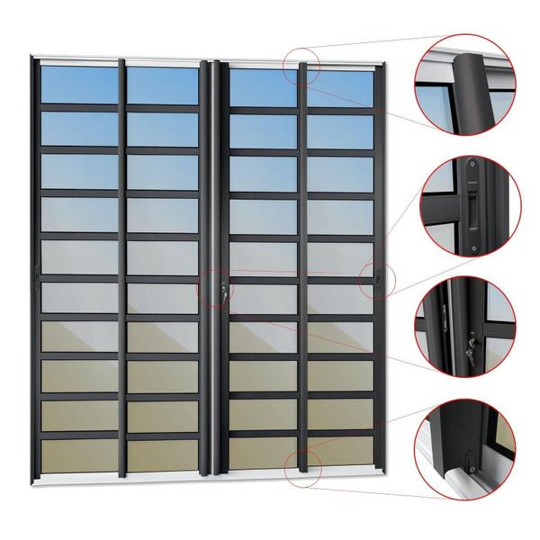 Porta de Correr com Travessas 4 Folhas Moveis 210 X 240 Elite com Fechadura Tetra Vidro Reflex - Brimak Imagem de Porta de Correr com Travessas 4 Folhas Moveis 210 X 240 Elite com Fechadura Tetra Vidro Reflex