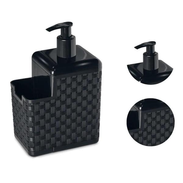 Imagem de Porta Detergente Sabão Sabonete Liquido Dispenser Com Suporte Para Bucha 500ml Bico Dosador Rattan Preto + Rodo