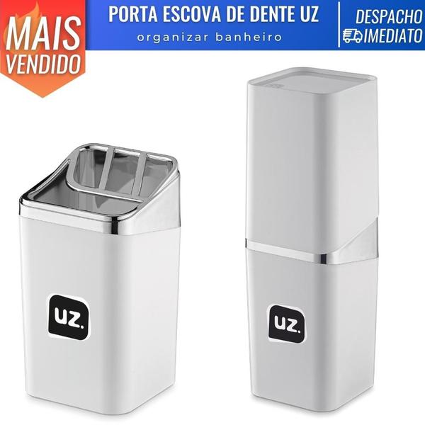 Porta Escova c/ Tampa Slim de Plástico p/ Banheiro Creme Pasta de Dente - Uz Utilidades Imagem de Porta Escova c/ Tampa Slim de Plástico p/ Banheiro Creme Pasta de Dente