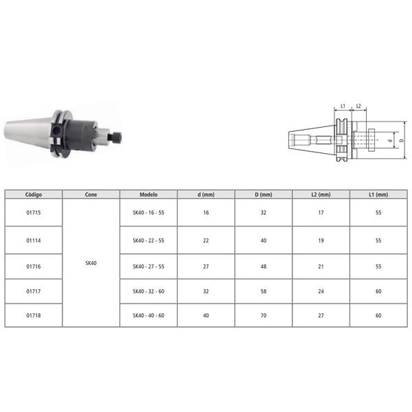 Imagem de Porta Fresa Combinado Modelo SK40 - 22 - 55 - DIN 69871/ DIN 6358