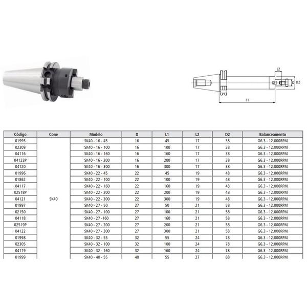 Imagem de Porta Fresa Facear Modelo SK40 - 16 - 160 - DIN 69871/ DIN 3937